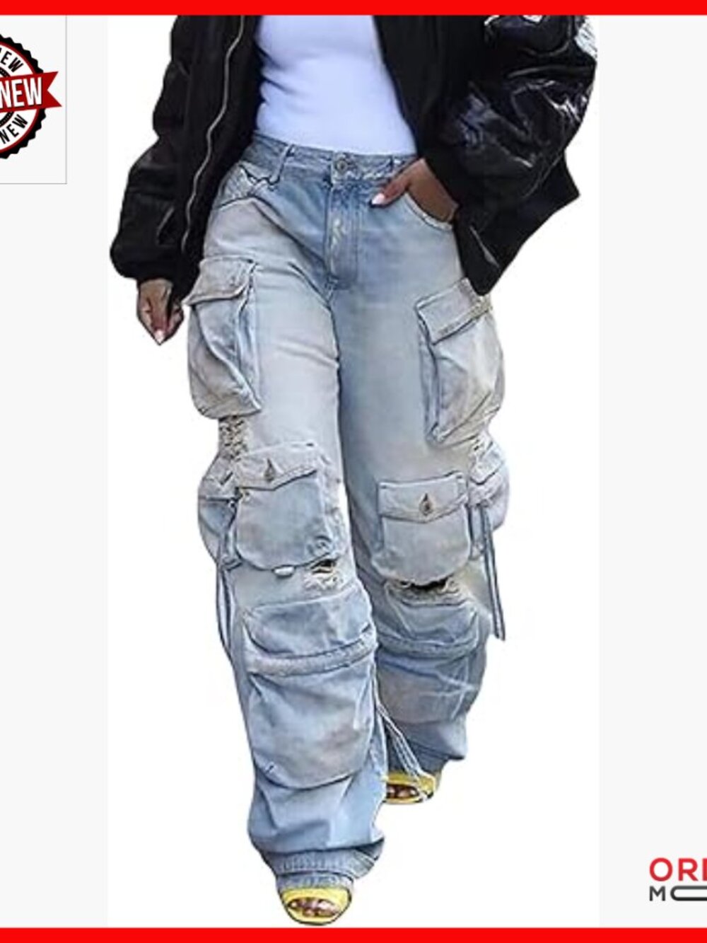 High Waisted Distressed Wide Leg Cargo Jeans with Pockets Y2K Streetwear